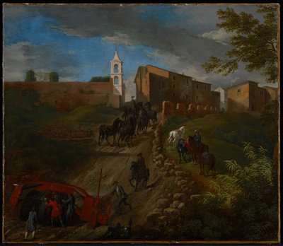 Kutsche und Reisende bei Madonna del Riposo in der Nähe von Rom von Pieter van Bloemen